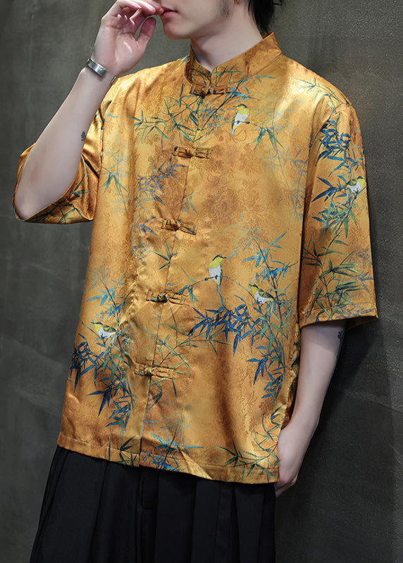 Retro Yellow Print Chinese Button Ice Silk Shirts Summer