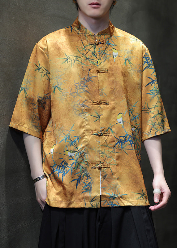 Retro Yellow Print Chinese Button Ice Silk Shirts Summer