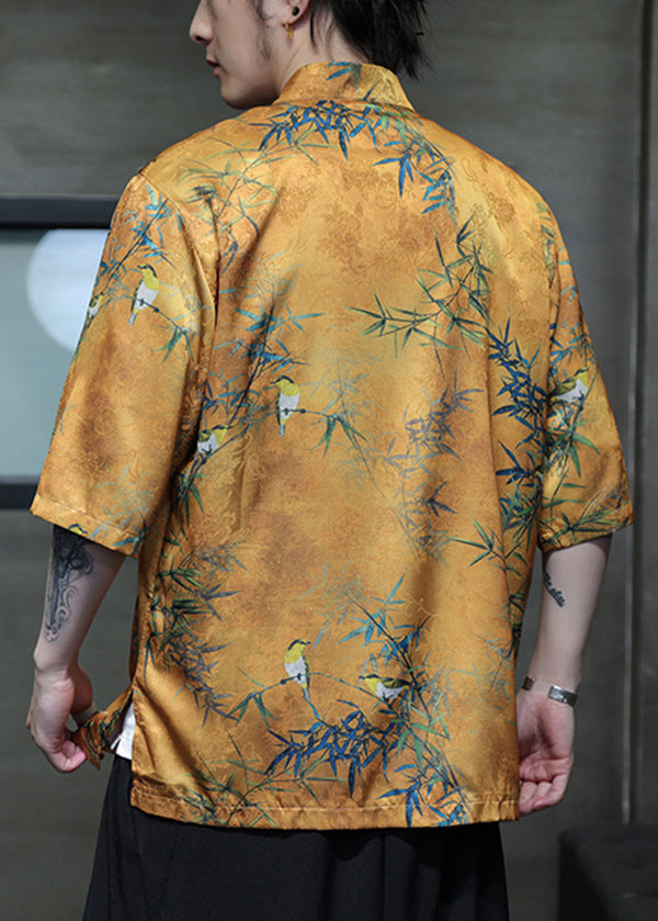 Retro Yellow Print Chinese Button Ice Silk Shirts Summer
