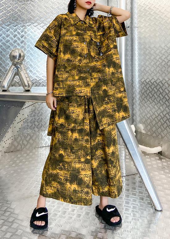 Retro Big Yards Female Yellow Shirt Printing Wide Leg Pants Two Pieces