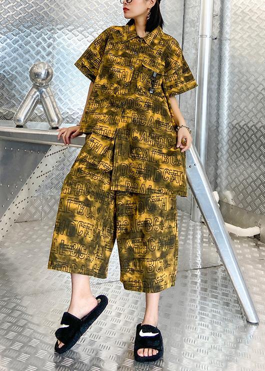 Retro Big Yards Female Yellow Shirt Printing Wide Leg Pants Two Pieces