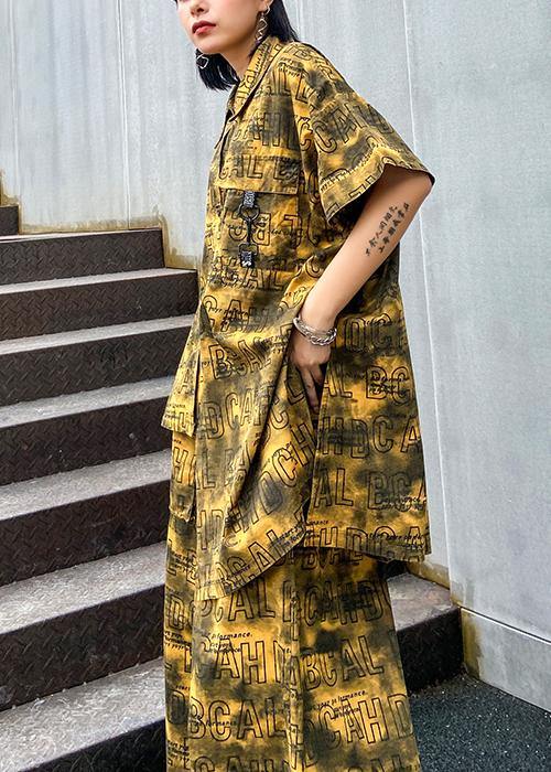 Retro Big Yards Female Yellow Shirt Printing Wide Leg Pants Two Pieces