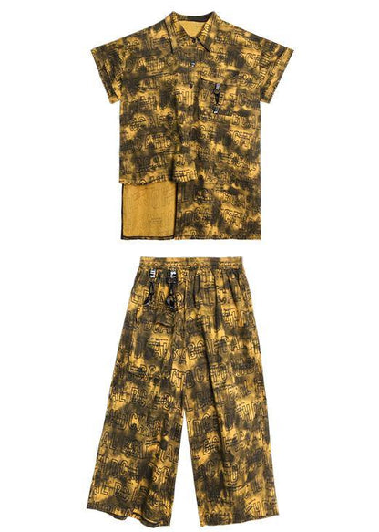 Retro Big Yards Female Yellow Shirt Printing Wide Leg Pants Two Pieces