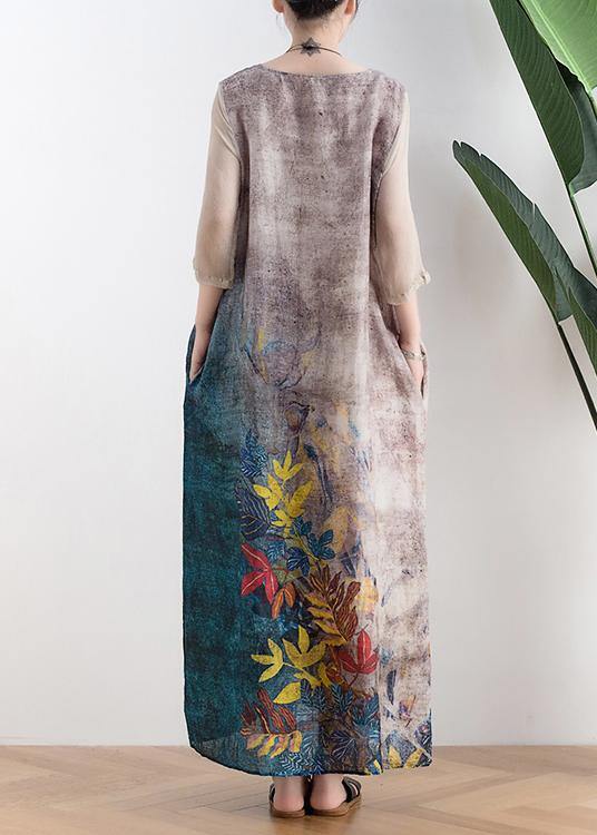 Retro Style Silk Dress Linen Dress Gray Leaf Print Loose Simple Tie Waist Dress
