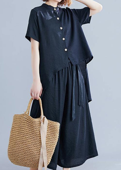 Retro Suit Silk Hemp Irregular Short-sleeved Shirt + Elastic Waist Strap Wide Leg Pants Black Was Thin