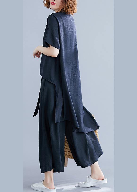 Retro Suit Silk Hemp Irregular Short-sleeved Shirt + Elastic Waist Strap Wide Leg Pants Black Was Thin