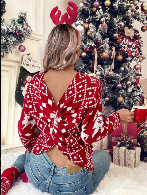 Women's Christmas Knit Sweater with Norwegian Pattern - Ugly Christmas Knit Sweater