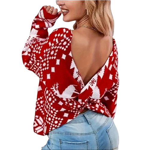 Women's Christmas Knit Sweater with Norwegian Pattern - Ugly Christmas Knit Sweater