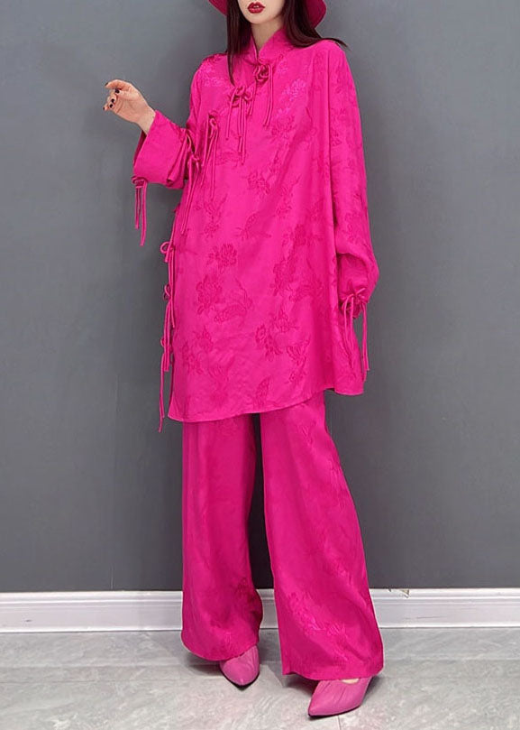 Rose Jacquard Silk Long Tops and Wide Leg Pants Two Pieces Set Stand Collar Long Sleeve