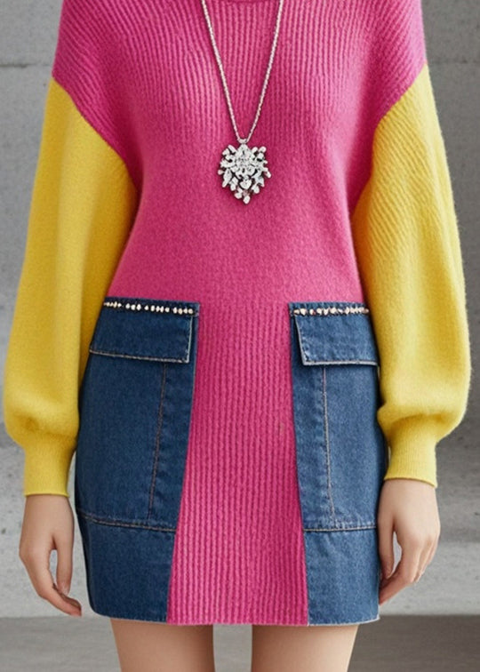 Rose Patchwork Denim Sweater Dress O-neck Fall