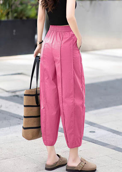 Rose Pockets Elastic Waist Cotton Crop Pants Wrinkled