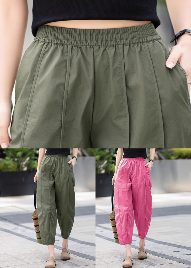 Rose Pockets Elastic Waist Cotton Crop Pants Wrinkled