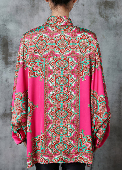 Rose Print Chiffon Tops Oversized Batwing Sleeve
