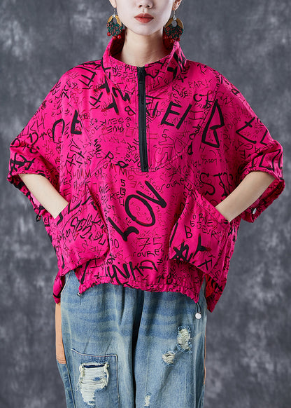 Rose Print Cotton Sweatshirt Oversized Drawstring Summer