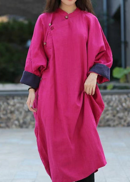 Rose Loose Linen Gown Button Stand Collar Spring