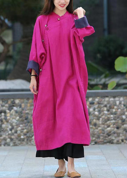 Rose Loose Linen Gown Button Stand Collar Spring