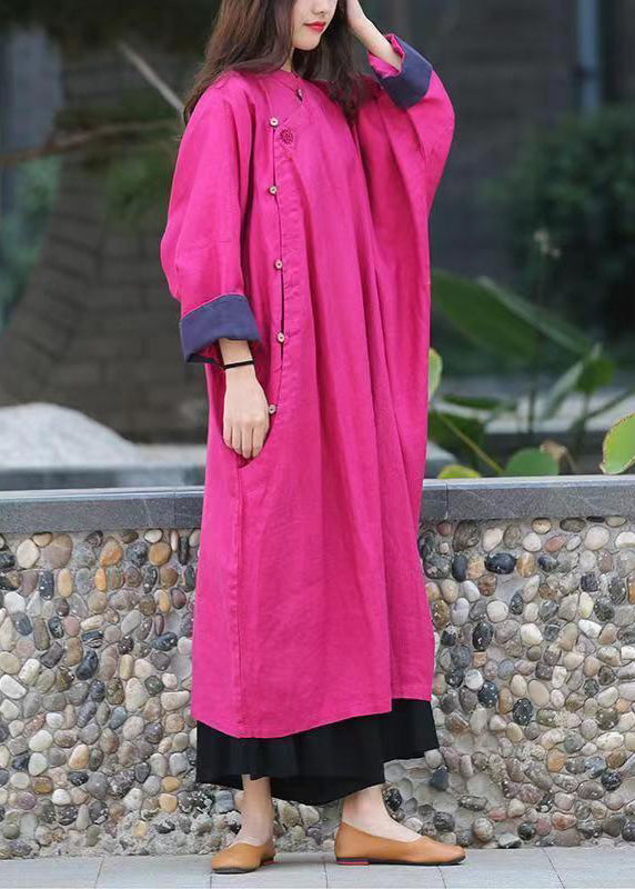 Rose Loose Linen Gown Button Stand Collar Spring