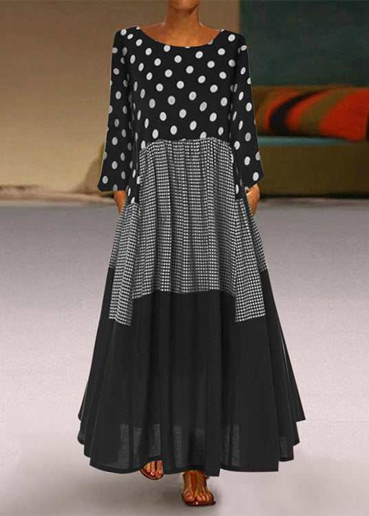 Round Neck Polka Dot Long Sleeve Dress Black