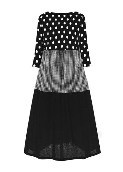 Round Neck Polka Dot Long Sleeve Dress Black