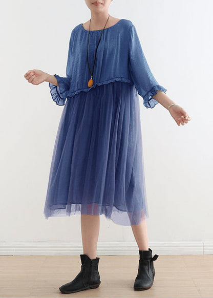 Blue-green Leaves Tull Maxi Dresses Patchwork Chiffon Summer Dresses