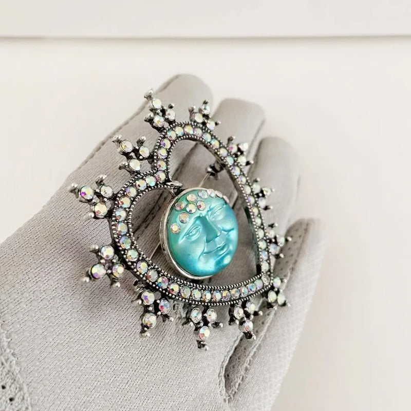 Rhinestone Heart & Moon Face Brooch
