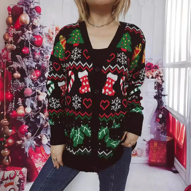 Cardigan - Knit - Button Closure - Festive Design with Christmas Pattern - V-Neck
