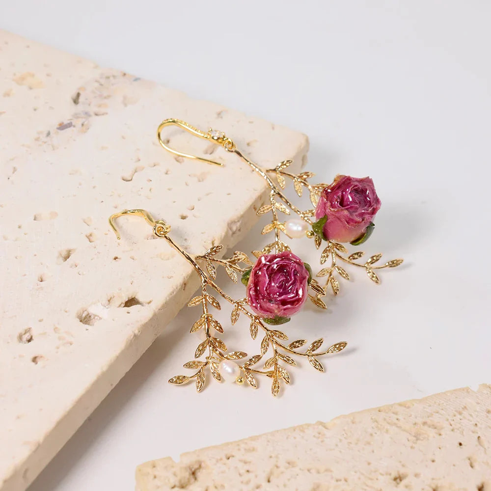 Pearl & Rose Drop Earrings