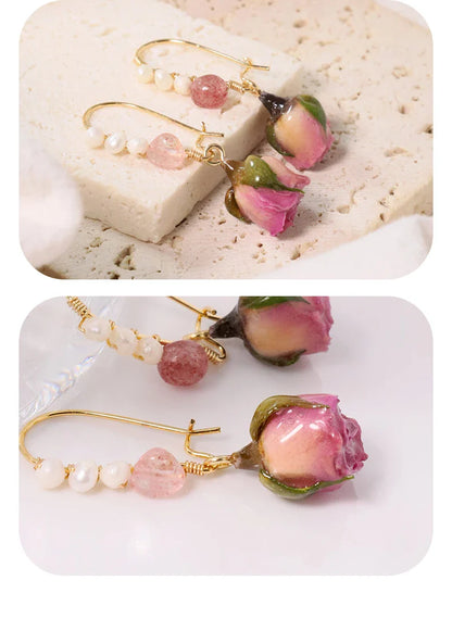Pearl & Rose Drop Earrings