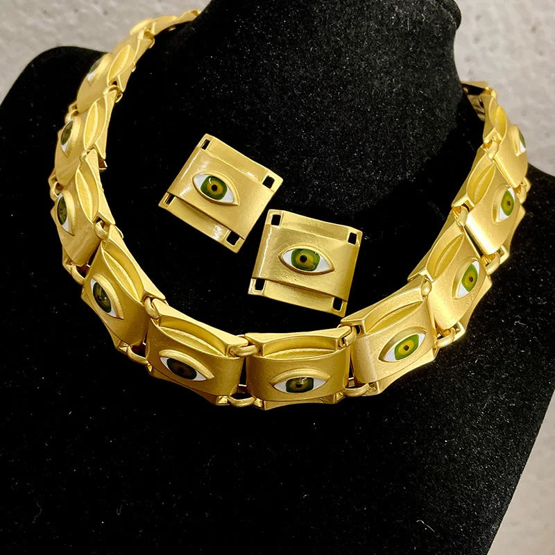 Gold Square Eye Necklace & Earrings Set
