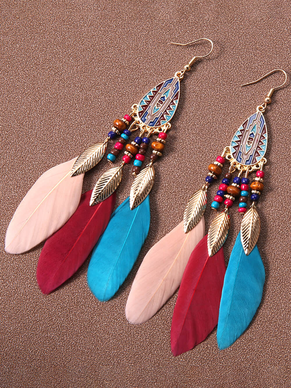 Rice Beads Holiday Droplet Tassel Feather Earrings