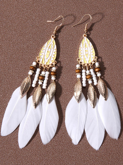 Rice Beads Holiday Droplet Tassel Feather Earrings