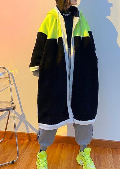 Mid-length Coats Green Hooded Patchwork Teddy Coat