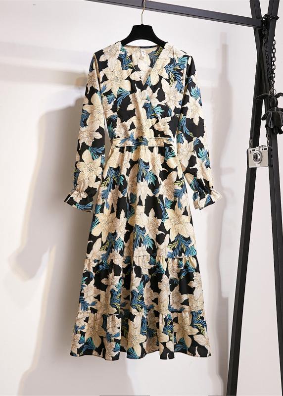 Natural Print Chiffon Clothes for V Neck Wrinkled Art Dresses