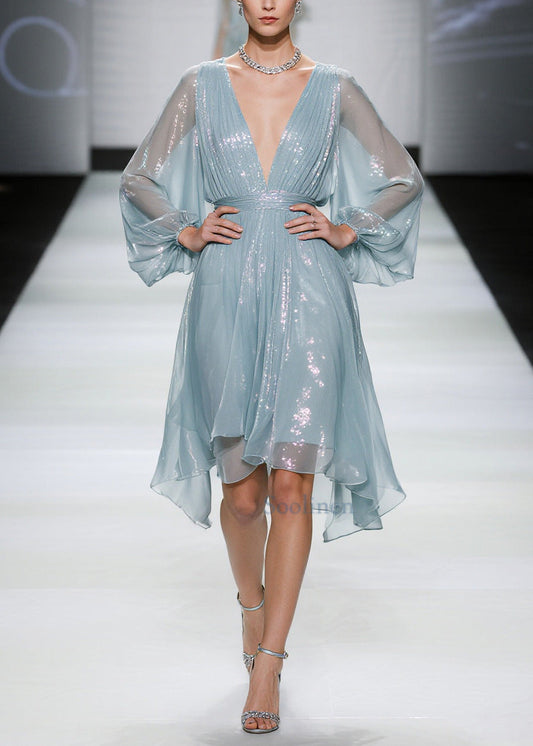Sea Blue Tulle Mini Dresses Sequins Sheer Summer