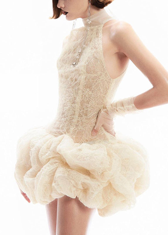 Apricot Turtleneck Patchwork Lace Mid Dress Sleeveless