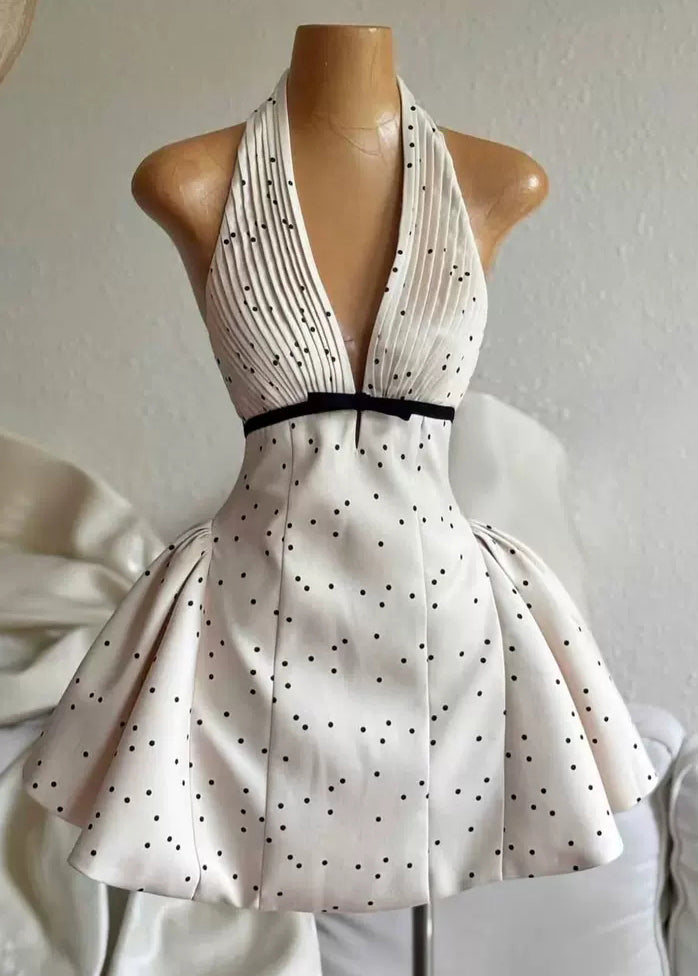 Beige V Neck Backless Dot Cotton Mini Dress Sleeveless