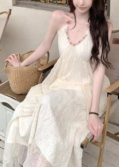 Beige V Neck Lace Up Patchwork Chiffon Dress Sleeveless