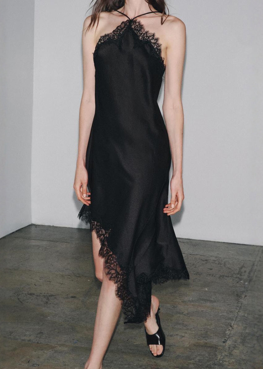 Black Asymmetrical Lace Patchwork Silk Dresses Sleeveless