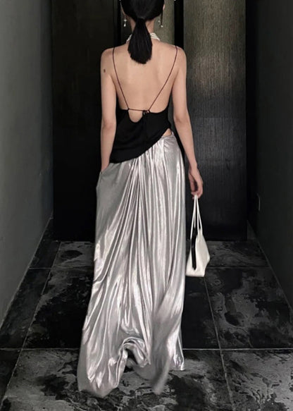 Black Asymmetrical Tops and Silver Pants Cotton Two Pieces Set Sleeveless
