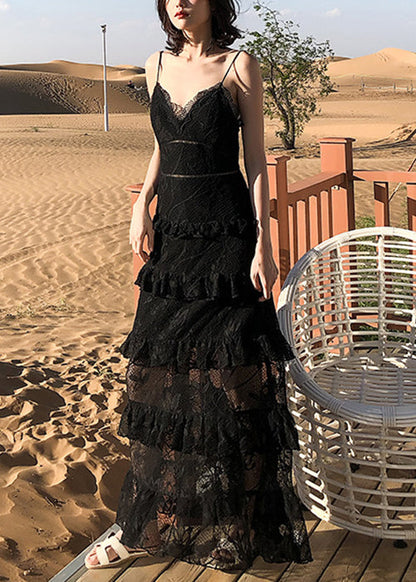 Black Backless High Waist Lace Spaghetti Strap Dress Sleeveless