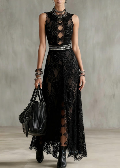 Black Hollow Out Side Open Lace Long Dresses Sleeveless