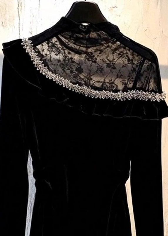 Sexy Black Lace Patchwork Silk Velour Top Spring