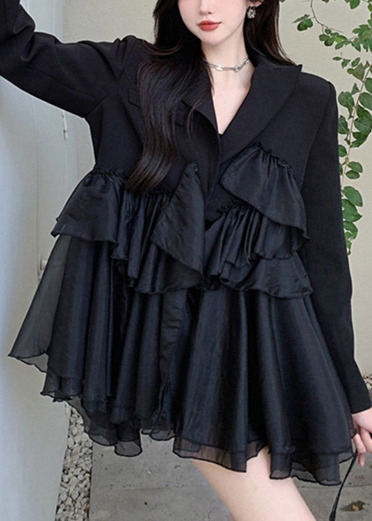 Black Notched Asymmetrical Patchwork Mini Pleated Dress Long Sleeve