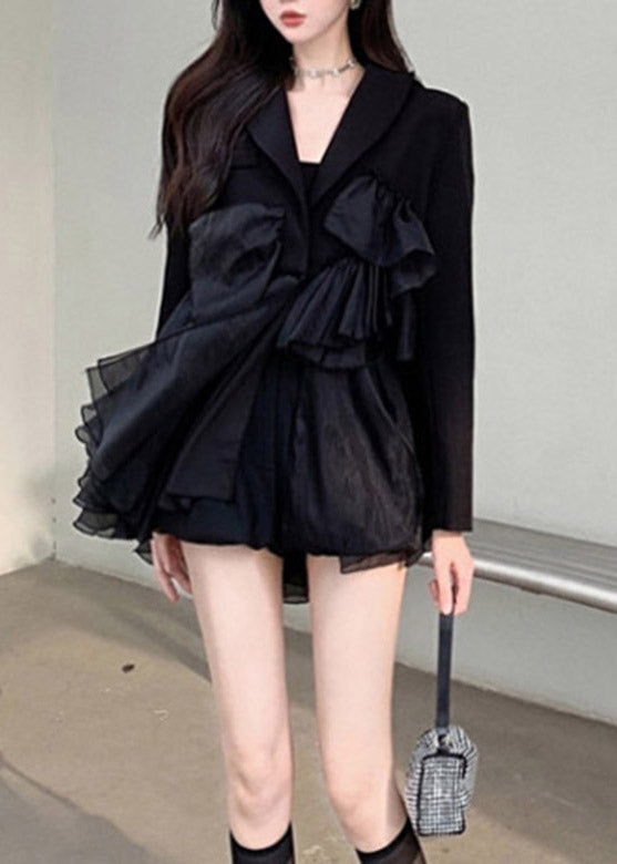 Black Notched Asymmetrical Patchwork Mini Pleated Dress Long Sleeve