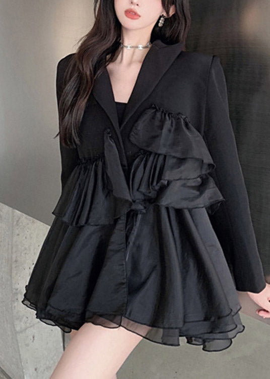 Black Notched Asymmetrical Patchwork Mini Pleated Dress Long Sleeve