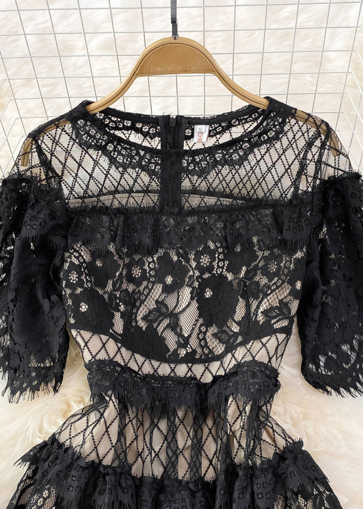 Black O-neck Hollow Out Tunic Lace Long Dress Short Sleeve