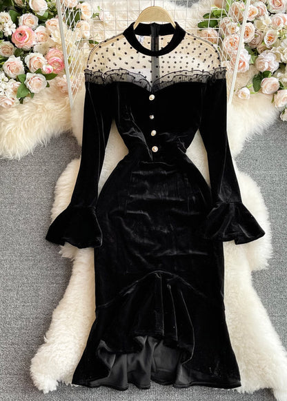 Black O-neck Tulle Patchwork Tunic Button Velour Maxi Dresses Long Sleeve