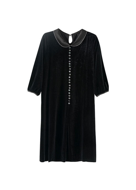Black Peter Pan Collar Button Holiday Maxi Dress Fall