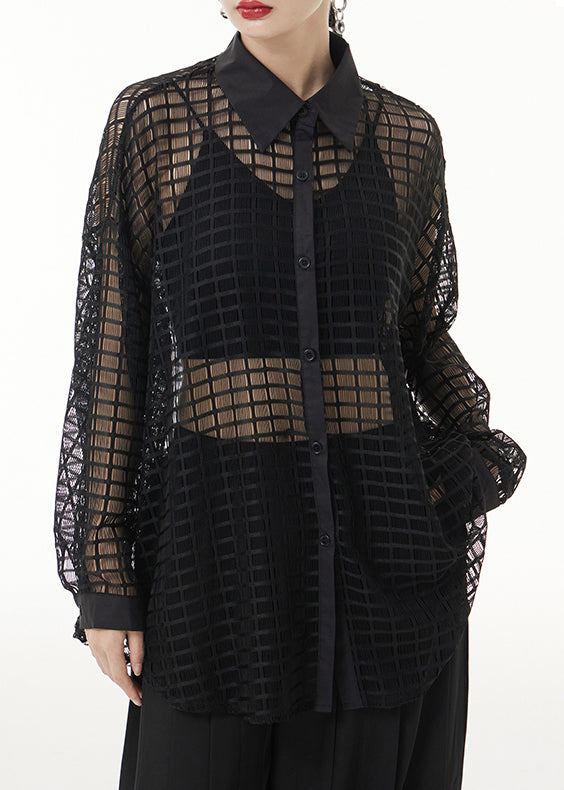 Black Peter Pan Collar Hollow Out Patchwork Lace Shirts Long Sleeve
