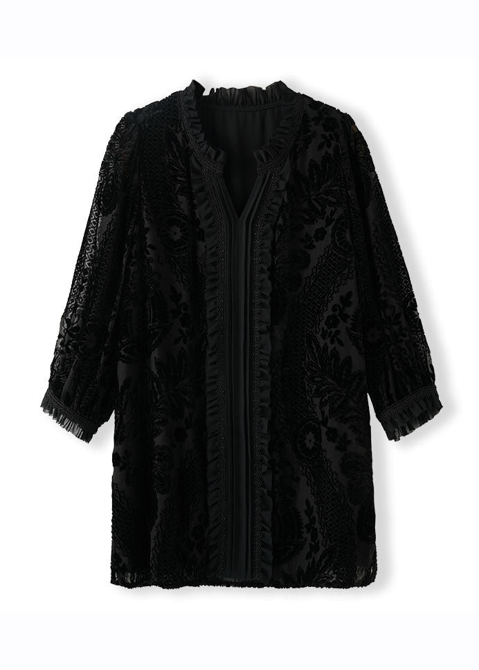 Black Ruffled Patchwork Velour Shirts Fall